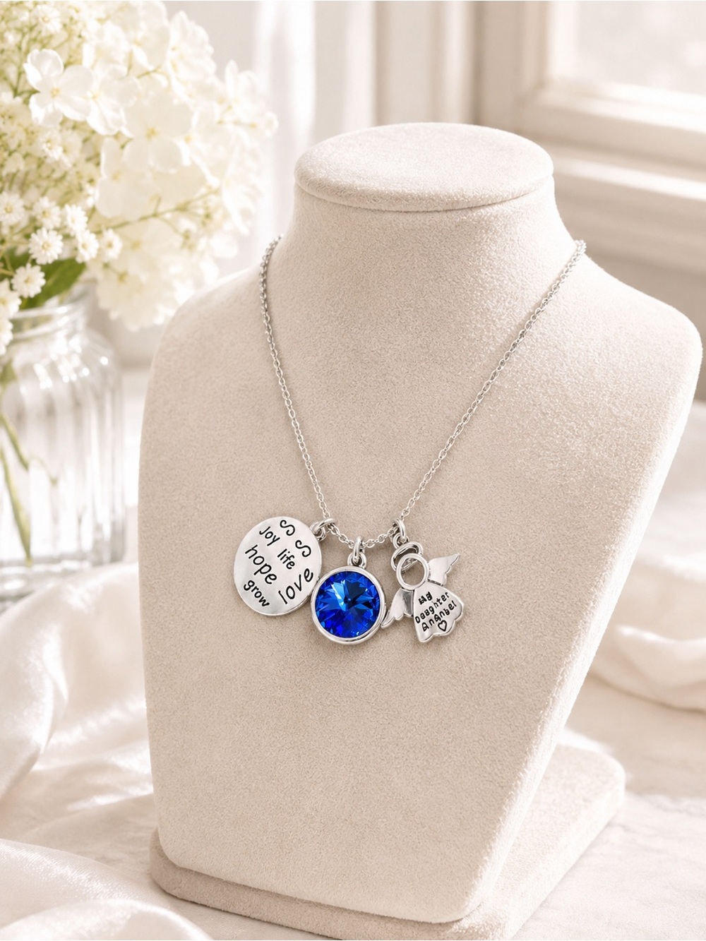 Charming Inspirations Swarovski Blue Crystal Angel Necklace 18” Gift Boxed NWT